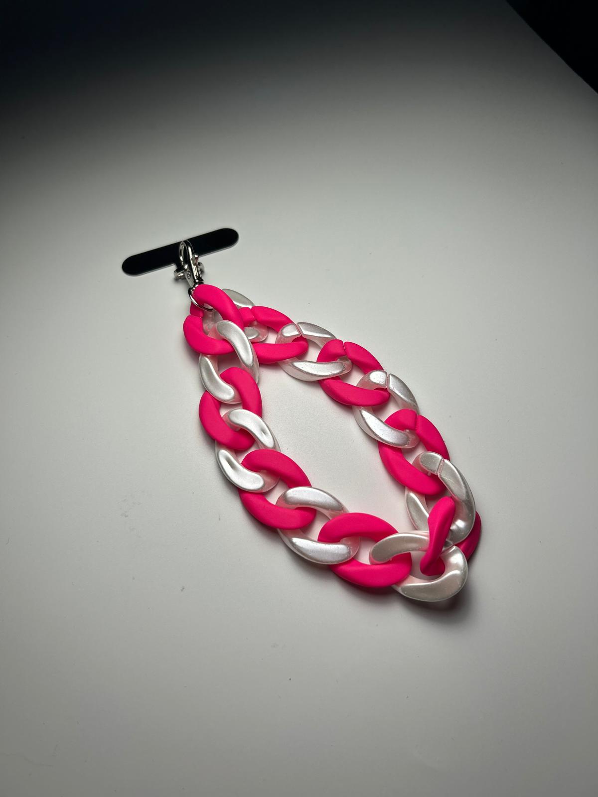 Sangle de poignet de téléphone grosses mailles rose fluo/nacré blanc