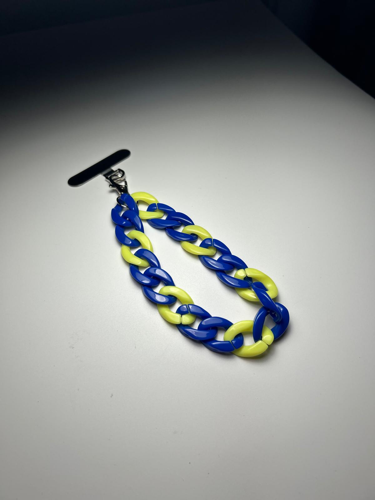 Sangle de poignet de téléphone petites mailles bleu et jaune