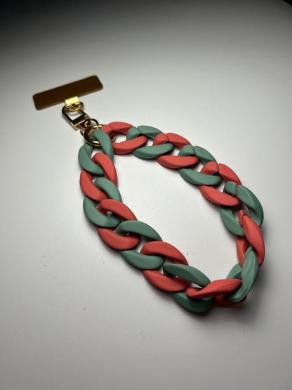 Sangle de poignet de téléphone grosses mailles terracotta/vert sauge