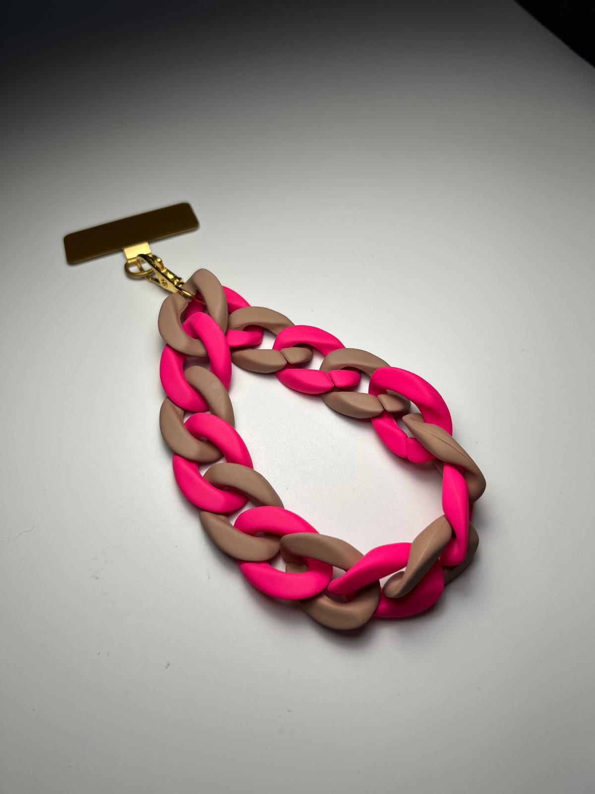Sangle de poignet de téléphone grosses mailles rose fluo/marron clair