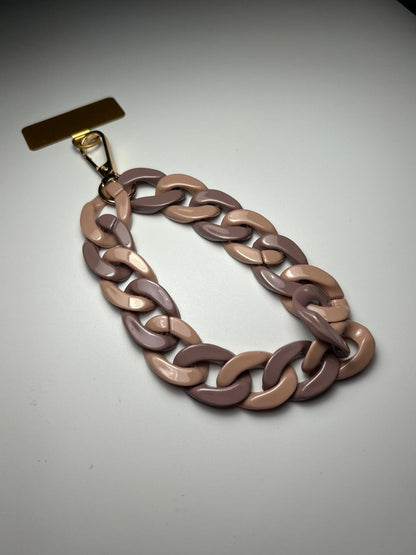 Sangle de poignet de téléphone grosses mailles beige/lilas brillant