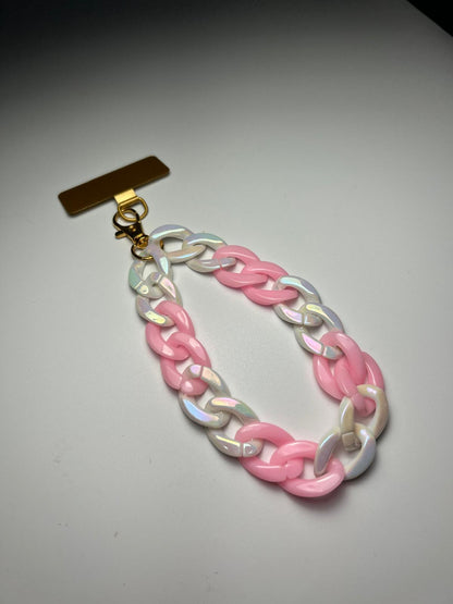 Sangle de poignet de téléphone petites mailles rose et blanc nacré
