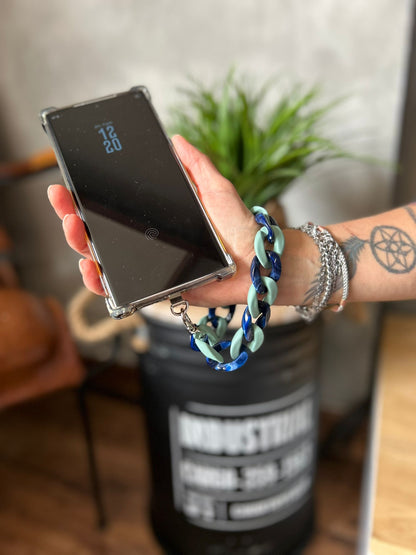 Sangle de poignet de téléphone grosses mailles vert sauge/marbré bleu