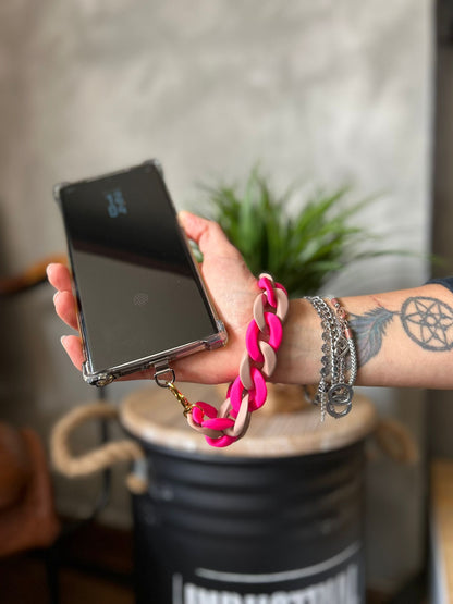 Sangle de poignet de téléphone grosses mailles rose fluo/marron clair